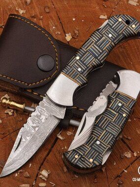 Handmade Damascus Steel Folding Knife - Micarta Handle, Leather Sheath